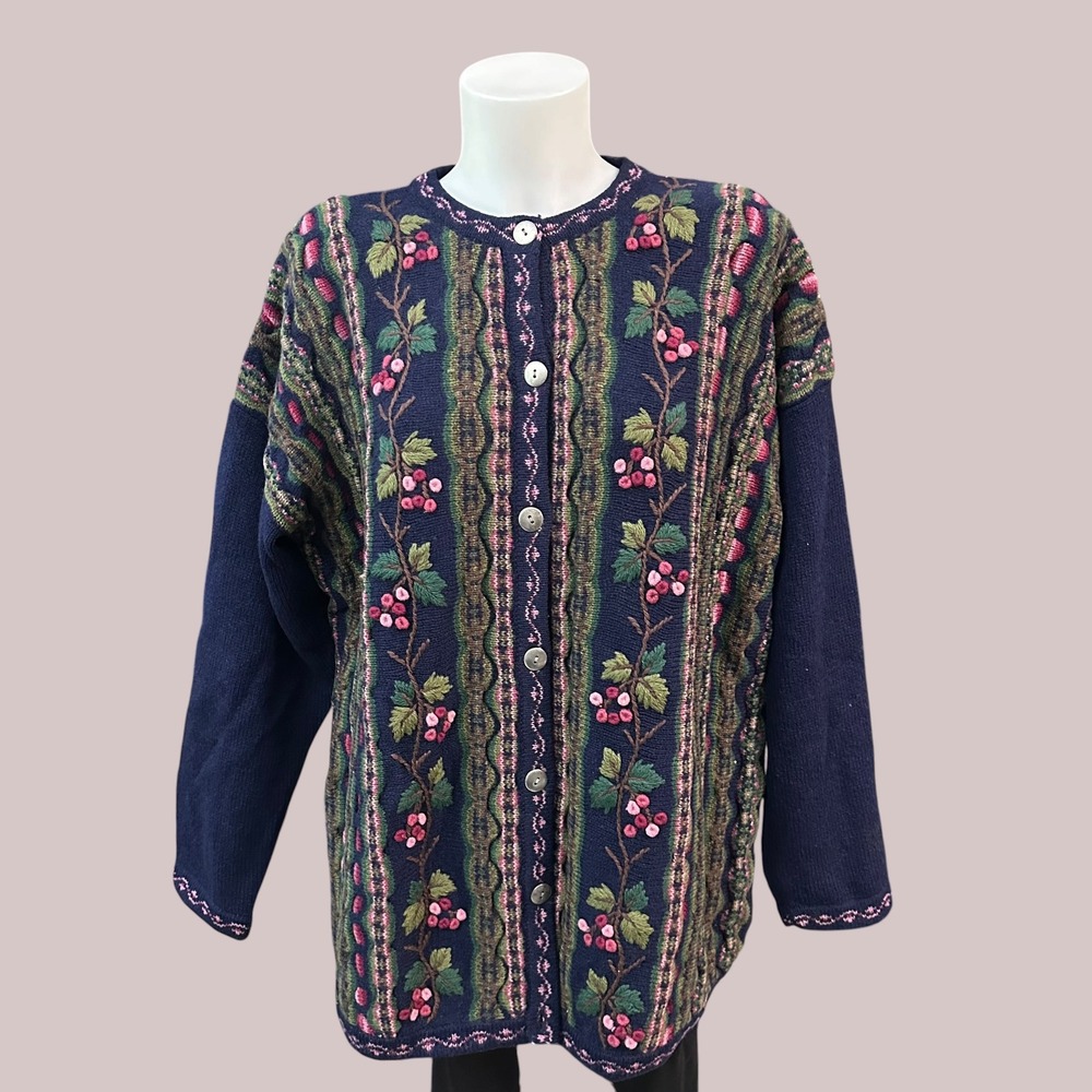 Vintage Floral Cottagecore 3D Buttondown Cardi Sweater by Tulchan sz L/XL Wool
